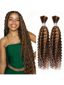 Human Braiding Hair for Boho Braids 4/27 Ombre Curly Human Hair for Boho Braids 2 Bundles 100g Boho Hair for Braiding Deep Wave Bulk Human Hair for Boho Knotless Braids Soft Wavy Curly (P4/27, 14-28 inch)