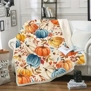 Fall Pumpkins Cozy Blanket Throw, Soft Warm Fleece Blanket with Autumn Orange, White, Blue Pumpkins, Leaves and Berries for Living Room Couch, Bed,summervibes