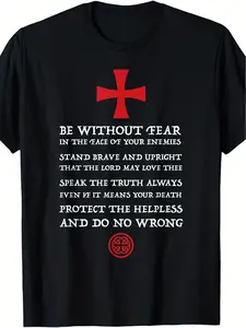Men's Medieval Templar Knight TShirt with Red Cross Fearless Vintage Crusader Templar Knight Code Loose Leeve Shirt Suitable for Historical Recreation And Casual Wear Knight P, PLUS SIZE