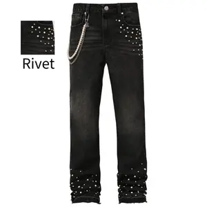 Men's Distressed Denim Pants - High-Street Casual Plain Menswear, Slight Flare, Pearl Stud Embellishments, Frayed Hem, Loose Straight-Leg, Accessories Not Included (Human-Focused Design, No Tops Included)