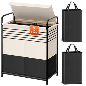 Laundry Hamper with Lid, 2 Section Dirty Clothes Basket, Metal Frame Laundry Basket with Fabric Bag, Black, Medium Size