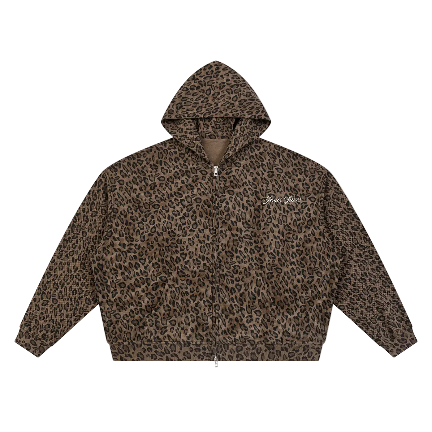 Jesus Saves Leopard Print Waffle Full Zip Hoodie