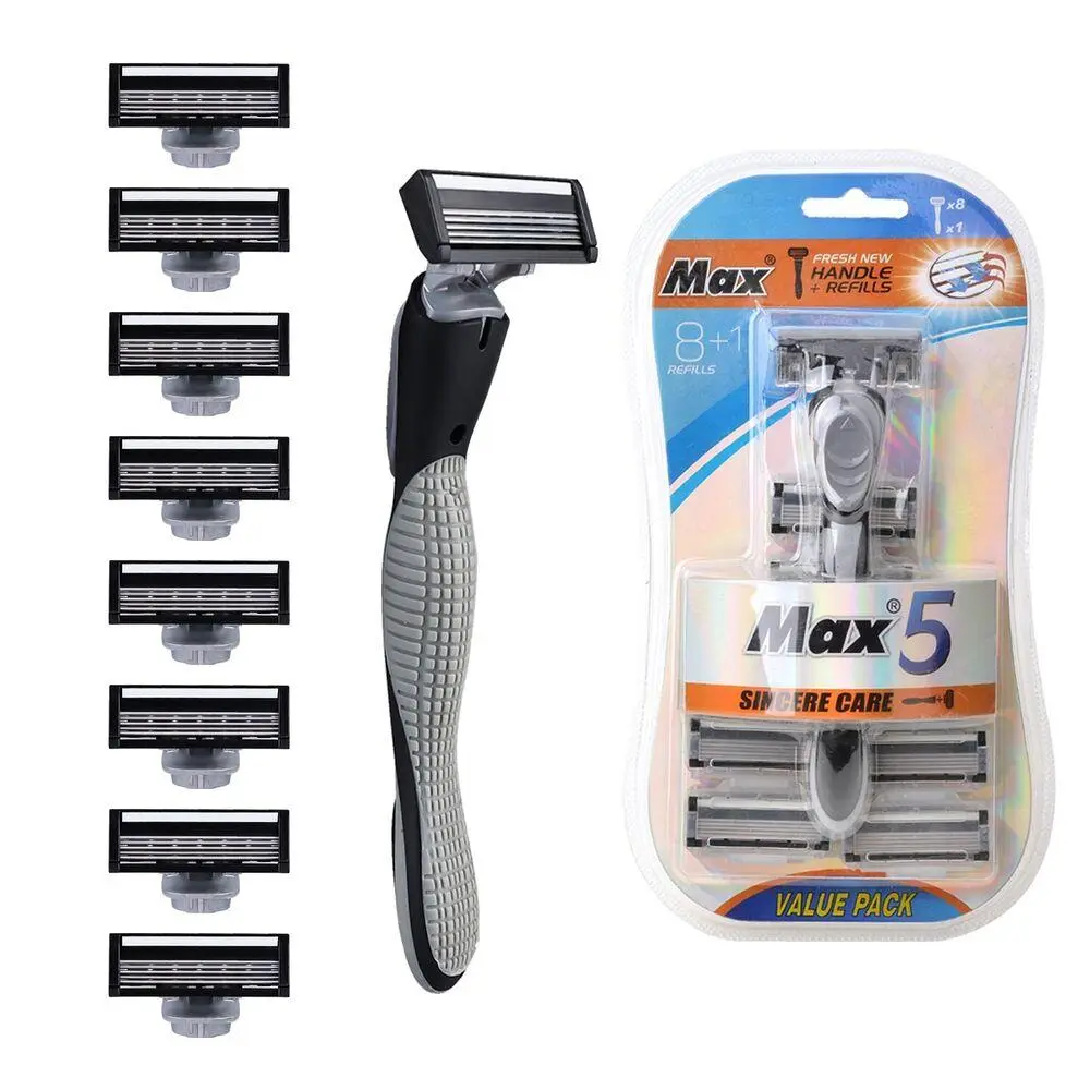 5 Layer Manual Razor for Men, 1 Handle with 8 Replacement Razor Blades, Pivoting Head for Close Shave, Rubber Non-Slip Grip, Aloe Lubricating Strip, Safety Razor for Sensitive Skin, Face, Head & Body Shaving