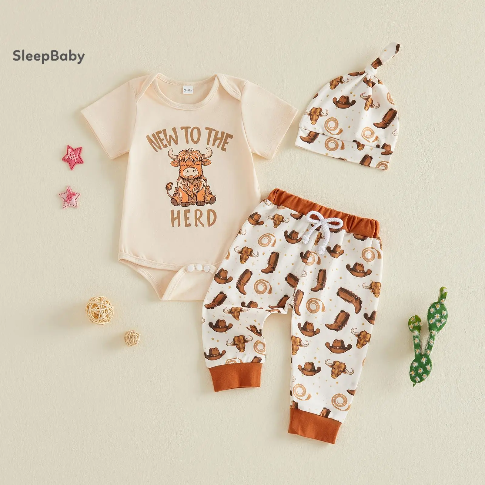 Highland Cow Baby Boy Outfit Set, 3-Piece Western Cotton Romper with Pants and Hat, Summer Clothes for Newborns, Newborn Outfits Set, Western Outfit