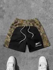 American Jungle Camo Patchwork Mesh Sport Shorts, Drawstring Waist, Breathable Quick-Dry, Streetwear Workwear Style, Unique and Eye-Catching