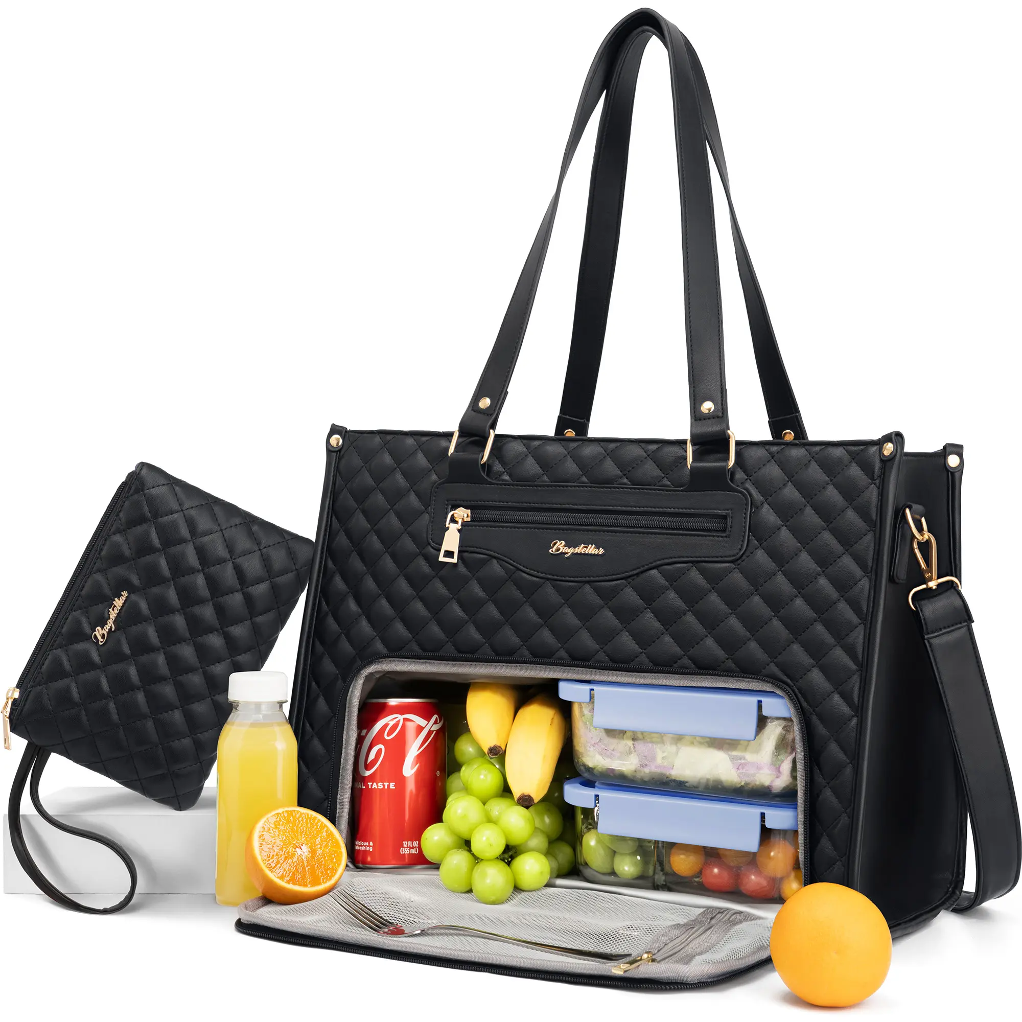 Bagstellar Women's Quilted PU Leather Tote Bag - 15.6 in Laptop Work Bag for Women, Compartmentalized Large Capacity with Insulated Lunch Compartment & Purse for Office Use & Home Organization, Tote Bags, Work Bags For Women