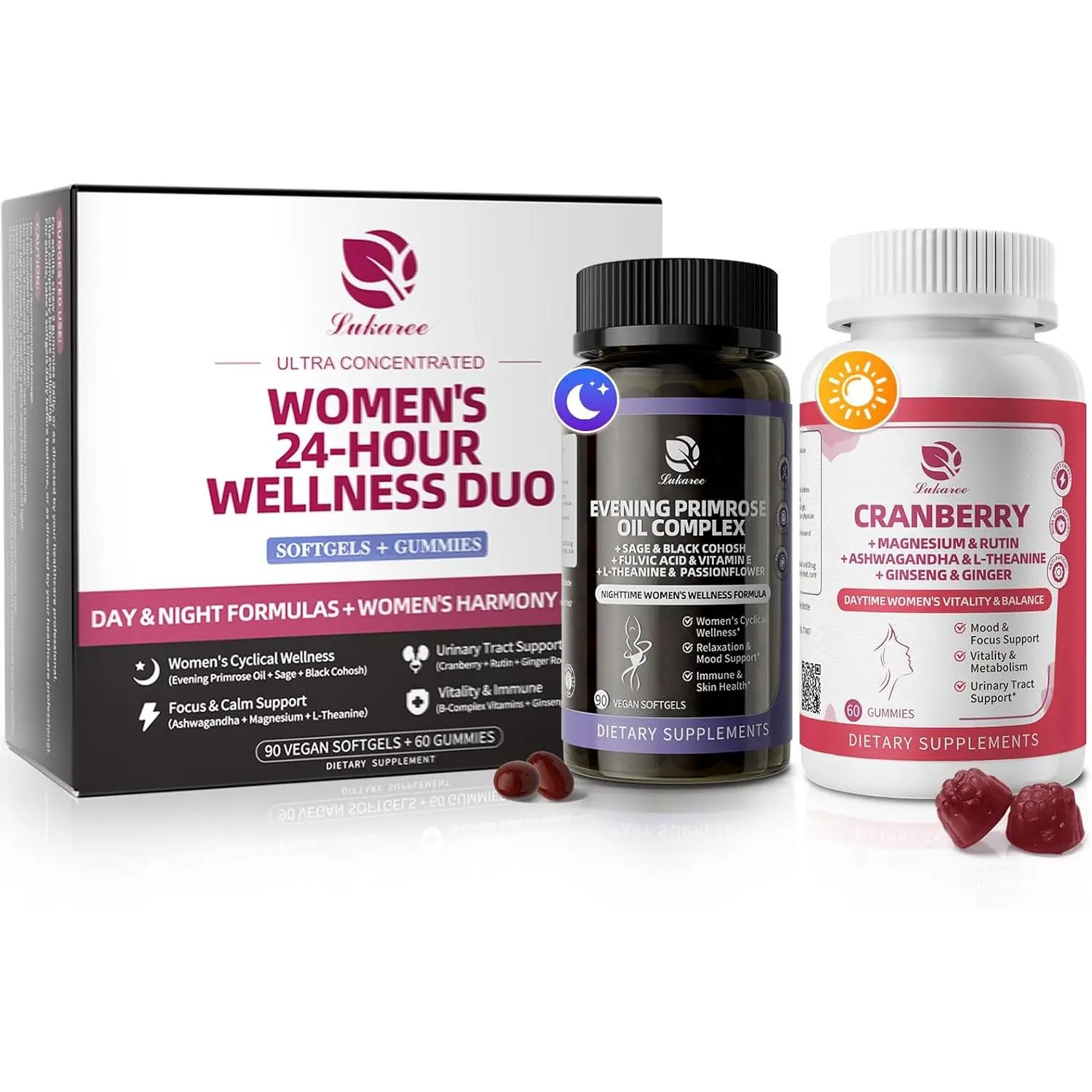 Evening Primrose Oil for Women + Cranberry Supplement, for Hormone | Wellness Duo – Mood & Relaxation Supports Urinary Health, Skin & Immune, Gluten-Free, Vegan, 30 Day Supply