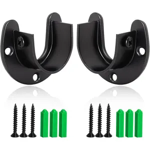 Closet Rod Bracket 2pcs 1-1/2 Inch Closet Pole Socket,U Shaped Stainless Steel Closet Rod Holders for Closet Shelf Wardrobe Shower Curtain,Black Closet Pole Socket with Screws (Black)