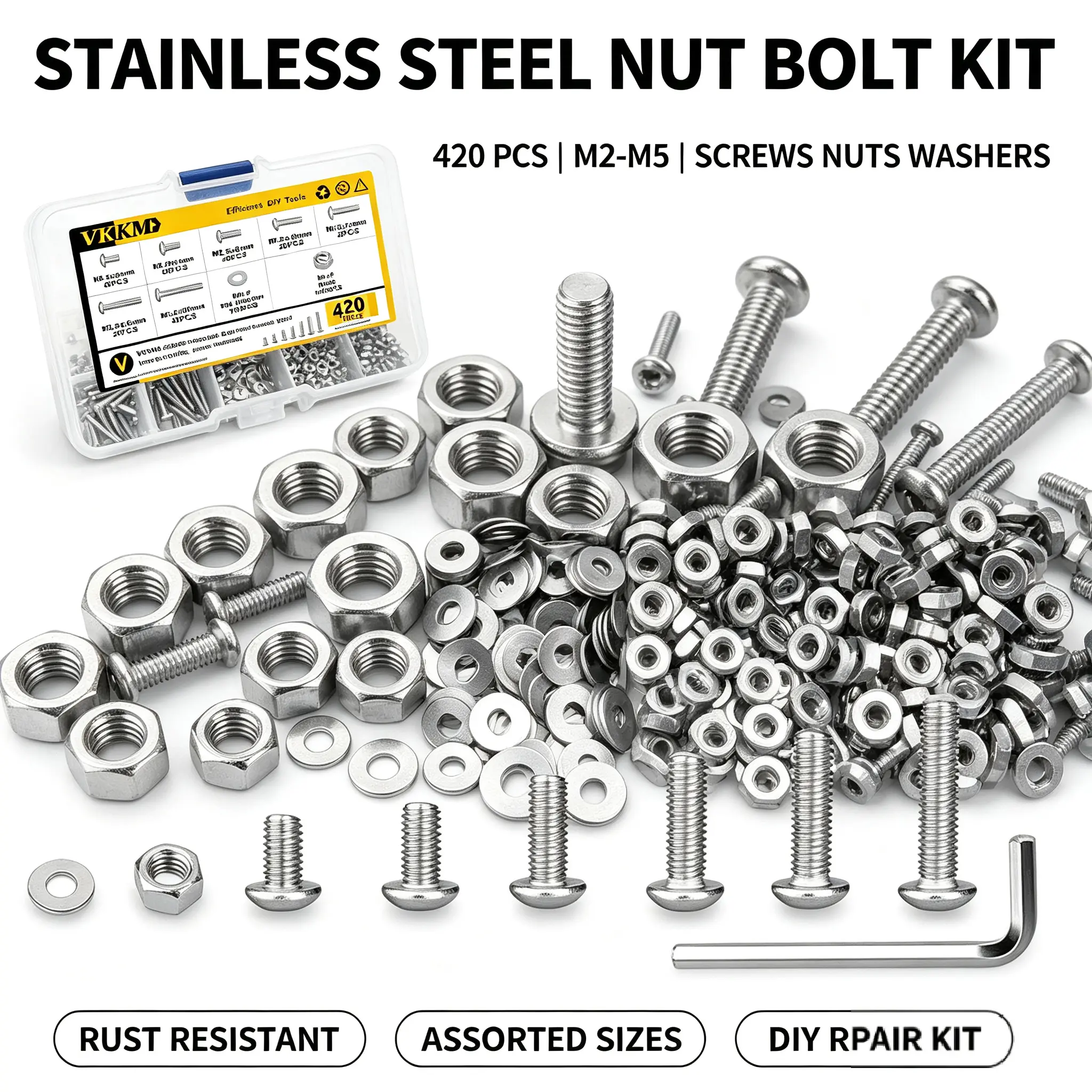 VKKM M2.5 Button Head Socket Cap Screws Assortment Kit, 420 Pieces 304 Stainless Steel Allen Hex Bolts Nuts Washers Set with Allen Wrench (7 Sizes: M2.5x4/6/8/10/12/16/20mm) for Furniture Assembly, Household Appliance Maintenance, Bicycle Part Replacement