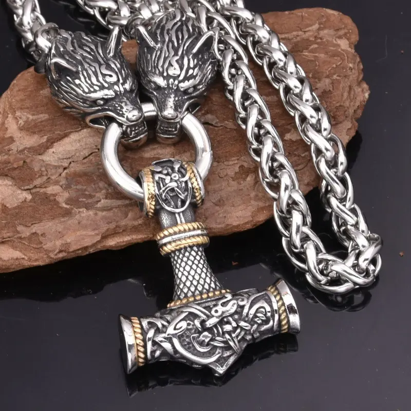 Silver wolf head+gold new hammer pendant