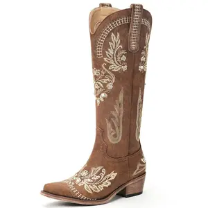 EROCALL Women's Wide Calf Knee High Cowboy Boots Glitter Sparkly Rhinestone Western Boots with Classic Embroidery Pointed Toe Pull On Zipper Retro Cowgirl Boots
