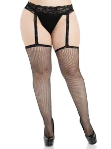 Women's Plus-Size Lingerie Lumi Fishnet Garterbelt Stockings - Soft Lace Fabric, Sheer, Comfortable, Elastic, Sexy, Flattering Fit, Slimming Leg Design
