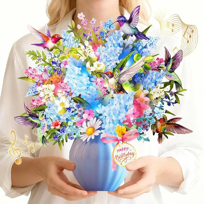 Birthday Greeting Card Whimsical Musical Hummingbird  - Office Stationery with Lights, Pop-Up Flower Bouquet, Birthday Song, Unique Gift for Women
