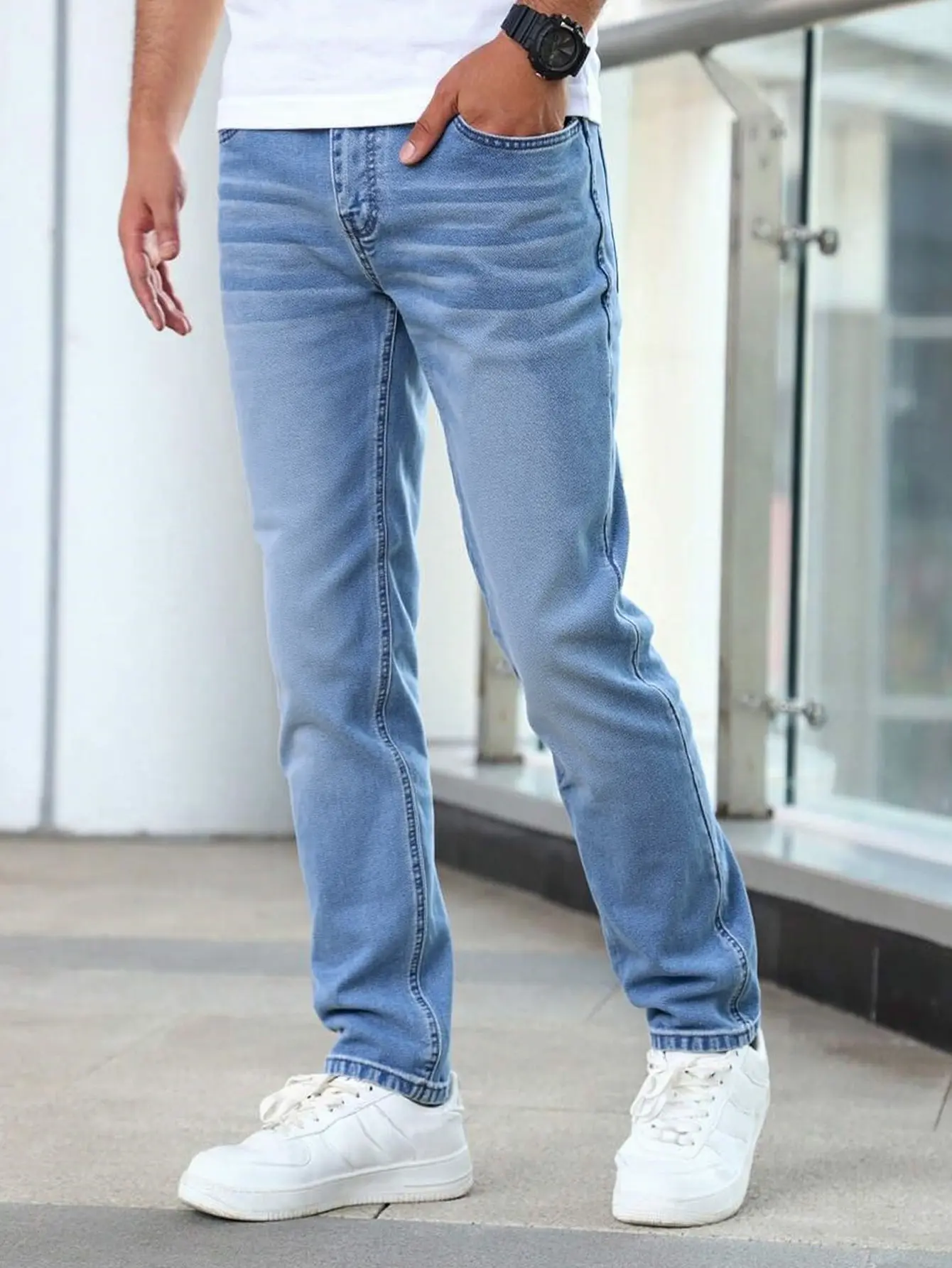 Men's Mid-Waist Slim-Straight Plain Denim Fitted Casual Jean Trousers - Stretch Menswear, Comfortable, Machine Washable, All Seasons, Full Length, Classic Work Pants, Washed Look