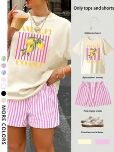 Two-Piece Women's Lemon Print Short Sleeve Top and Striped Shorts, Stylish Holiday Casual Set for Summer Beach and Campus Wear