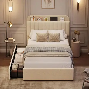 Twin Bed Frame with Storage Headboard-2 Drawers & Boucle Upholstered Platform,Bookcase Design,No Box Spring,White