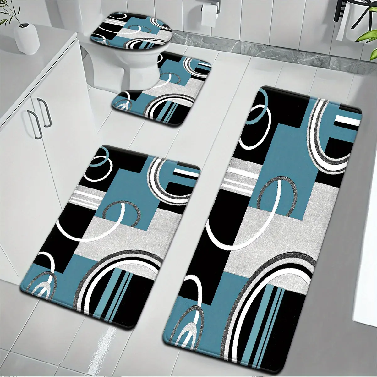3pcs/4pcs Simple European Style Black, Gray and Blue Plaid Pattern Bathroom Mat Set with Strong Absorbency, Includes U-Shaped Toilet Pad Suitable for Kitchen, Bathroom Decor, Bath Mat, Bedroom Rug, Outdoor Entrance Mat, Laundry Area Carpet, Shower Floor M