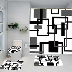 1/4 piece black checkered bathroom set, including soft floor mats, toilet seat cushions, shower curtains, creating home decor. The floor mats rebound well, absorb water, prevent slipping, Bathroom decoration accessories