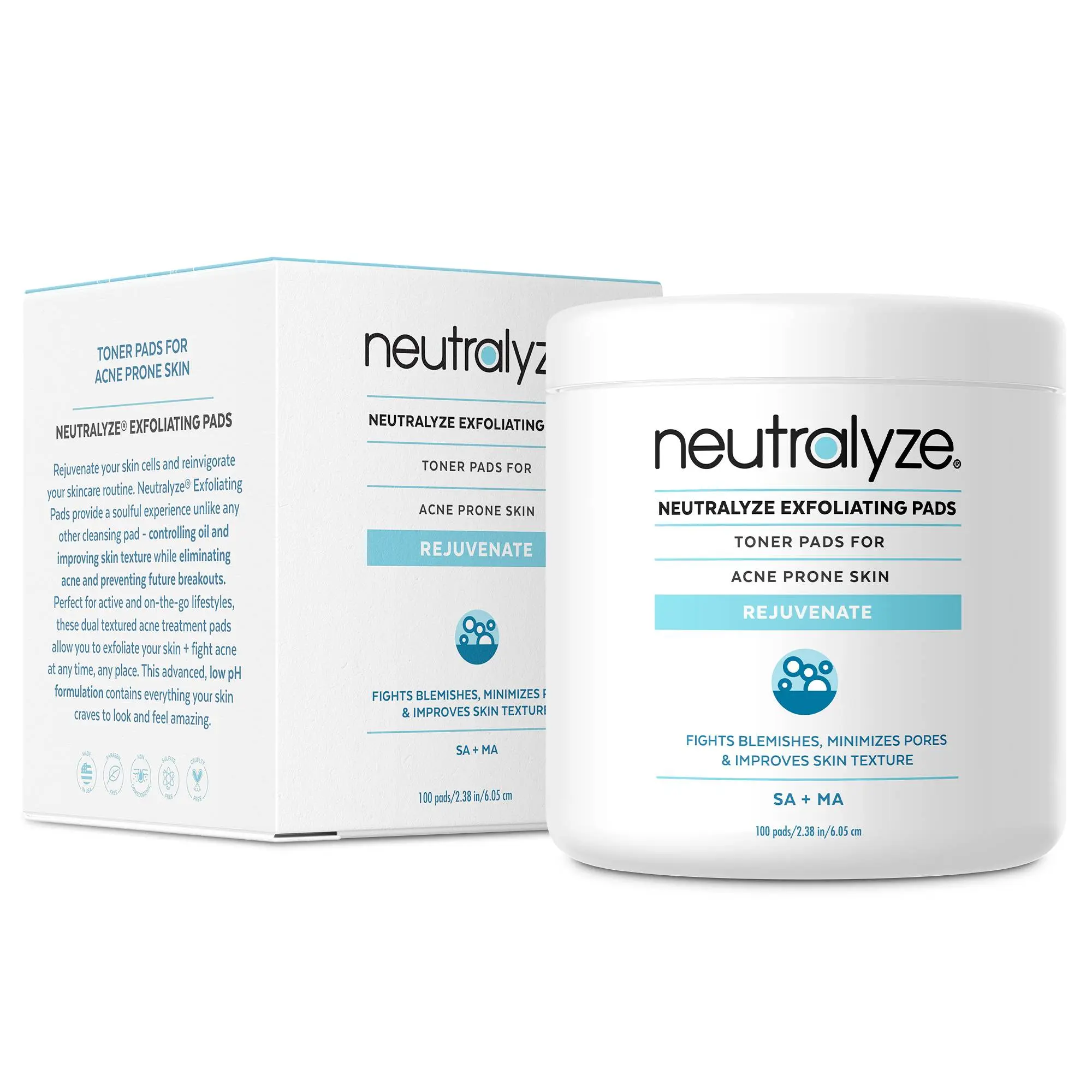Neutralyze Exfoliating Pads - 100 Maximum Strength Anti Acne Wipes for Acne Prone Skin