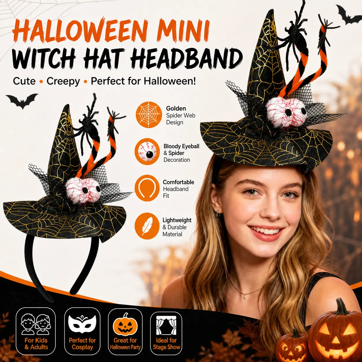 Halloween Mini Witch Hat Headband with Golden Spider Web,Spider Bloody Eyeball Gothic Hair Hoop, Kids Adults Cosplay Headpiece for Halloween Party, Trick or Treat & Stage Costume