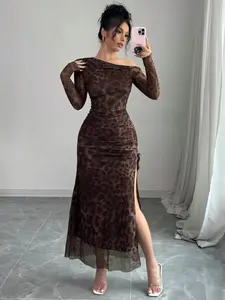 Elegant Zabao Gradient Ruched Mesh Leopard Asymmetrical Neck High Slit Dress, Elegant Formal Dress, Women's Fashion Set, Stylish and Trendy