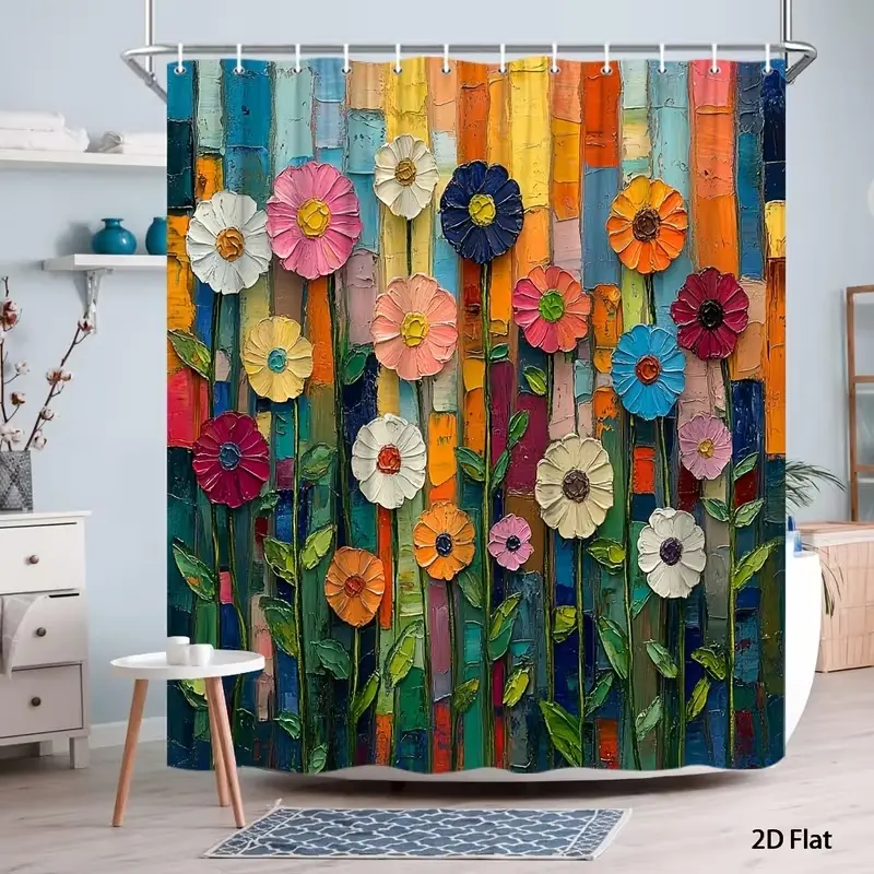 Folk art floral patterned shower curtain, Decorative shower curtain, for bathroom decoration, easy to clean, available in multiple sizes, includes shower curtain hook, Bathroom Supplies