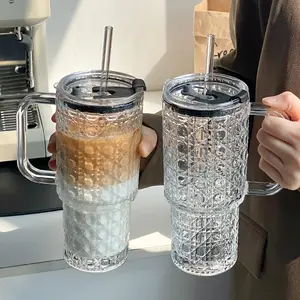 Large Capacity Straw Cup 530ML/18oz, Fashion Style Summer Ice Coffee Clear Transparent Glass Drinkware Lid, Reusable Drinking Cup for Coffee Tea Whiskey Latte
