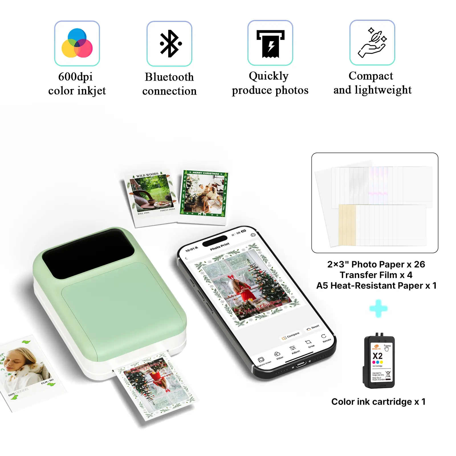 RONGTA X21 Portable Photo Printer - Instant Mini Bluetooth Sticker Printer with Built-In Power for iOS/Android Smartphones,  Complimentary Adhesive Sheets, 1 x Ink Cartridges, Back to School Haul Gift