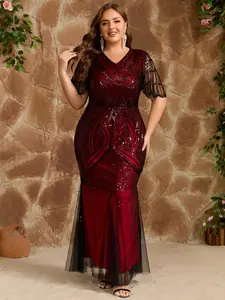 Plus Size Burgundy & Black Beaded Evening Dress - Womenswear Vintage Inspired Sequin Mermaid Gown with Sheer Sleeves, V-Neck Formal Party Dress for Wedding, Prom, Holiday Gala, Red Carpet Event CXD21