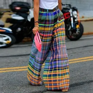 Women's Spring Fashion Women's Wide Leg Chic Wide Leg Checkerboard Print Casual Pants, Slightly Smaller Size, Comfortable for Daily Commuting