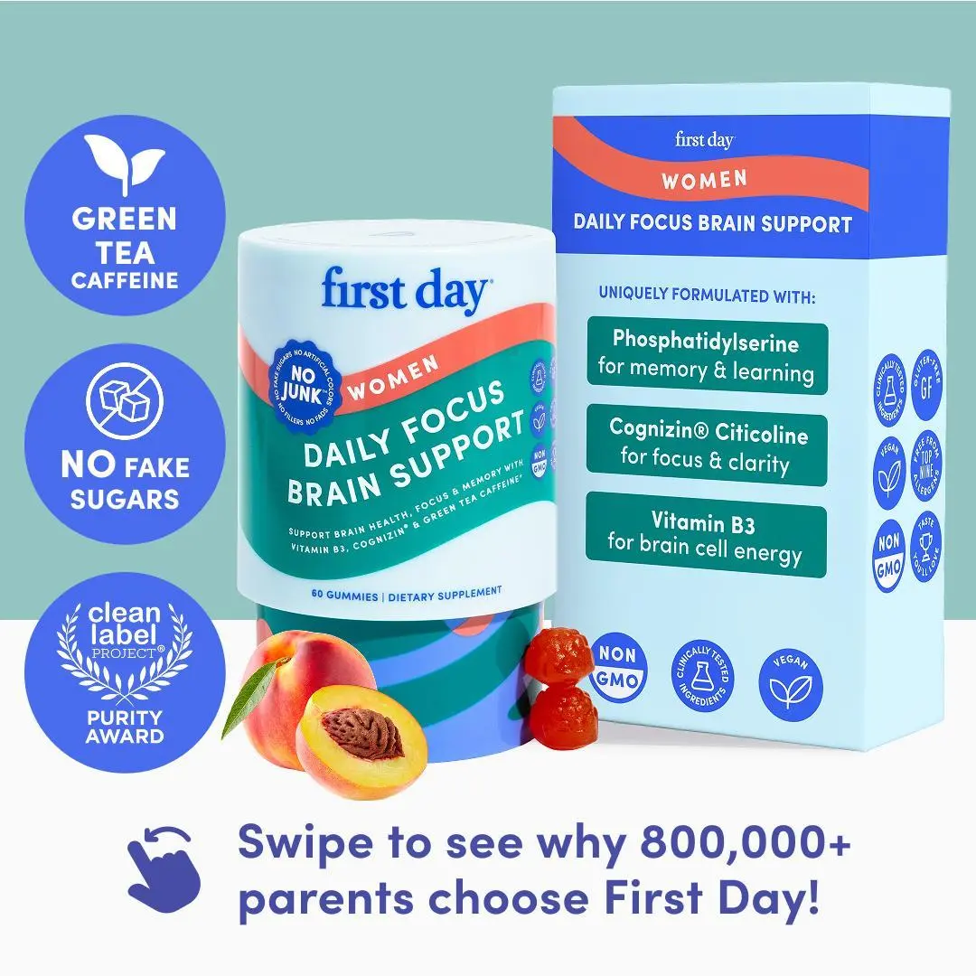First Day Women's Focus Gummies 18+, Natural Peach Flavor — Cognizin Citicoline, Phosphatidylserine, Green Tea Caffeine, Vitamin B3 — Focus, Memory, Fight Brain Fog, Calm Energy — 30-Day Supply, Vegan, Non-GMO, No Junk