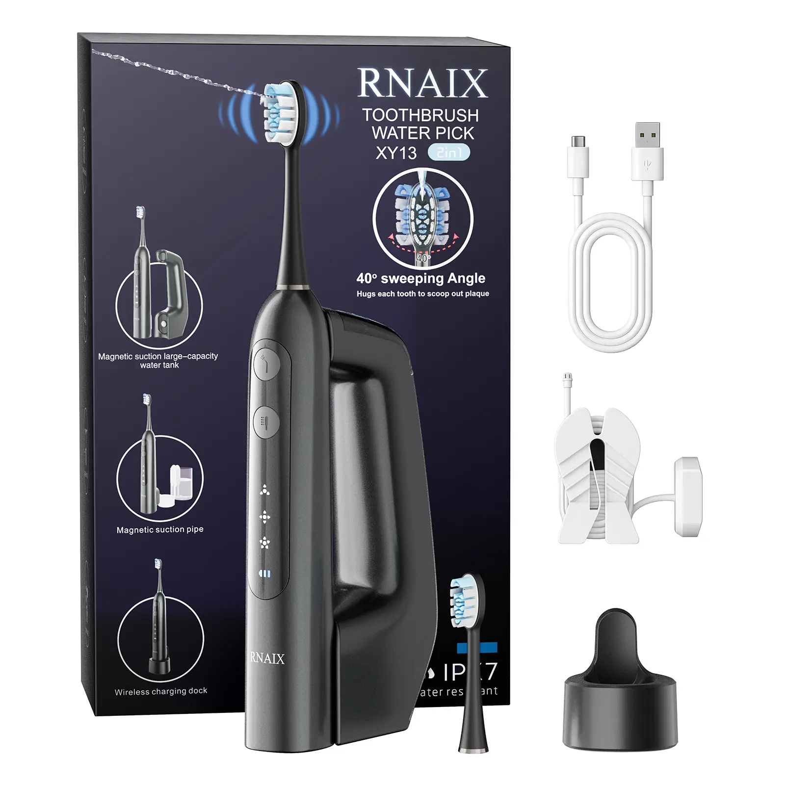 RANIX 2-in-1 Cordless Electric Oral Toothbrush with Removable Water Flosser, Sweeping Oscillation - Glossy Black for Adult Travel & Daily Use, Timer, Wireless Charger