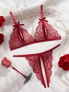 Women's Sexy Lace Lingerie Two-piece Set, Solid Color Push Up Bra & Open Crotch Panty Set, Lingerie Set for Women Underwear Sets Clothing