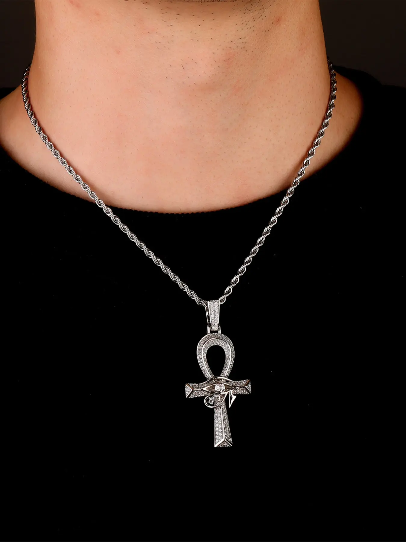 Men's Zirconia Inlay Cross Pendant Necklace, Statement Necklace, Hip Hop Horus Eye Ankh Design, Micro-Paved Jewelry Accessory for Men