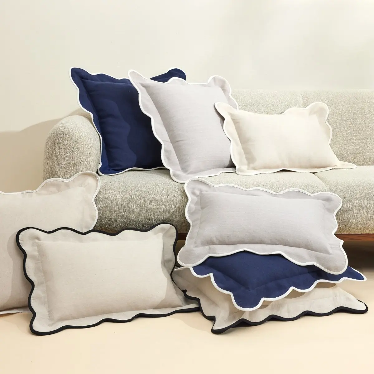 Lush Decor Coastal Chic Scalloped Edge Couch Cushion Cover, 20x20 Cushion Cover with Subtle Color Binding for All-Season Couch, Chair or Bed Decor