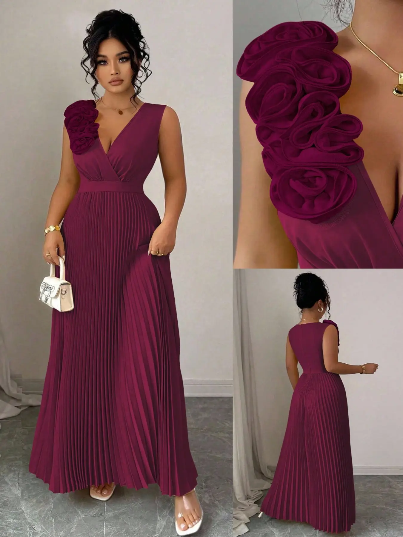 Plus Size Women's Wine Floral One-Shoulder V Neck Midi Pleats Dress, Chic Elegant Slimming Party Gown, Wedding Bridesmaid Dress, Elegance