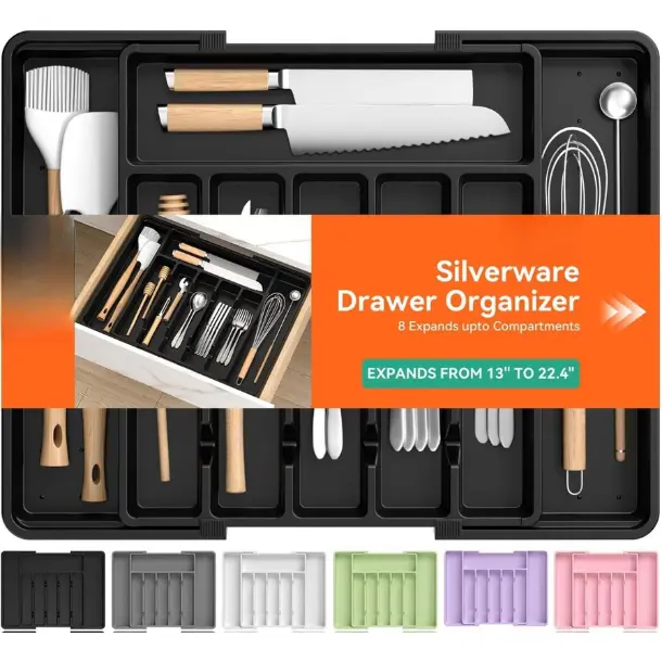 [New Deal] Large Silverware Organizer,Expandable Utensil Drawer Organizer,BPA Free Utensil Holder,Adjustable Silverware Tray Cutlery Drawer Organizer for Kitchen Flatware,Large,Black (6-8 Slots), Modern