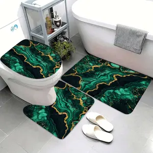 3PCS Luxury Agate Golden Line Bath Rug Set, Flannel Non-Slip Absorbent Mat, Includes U-Shaped Rug and Toilet Lid Cover