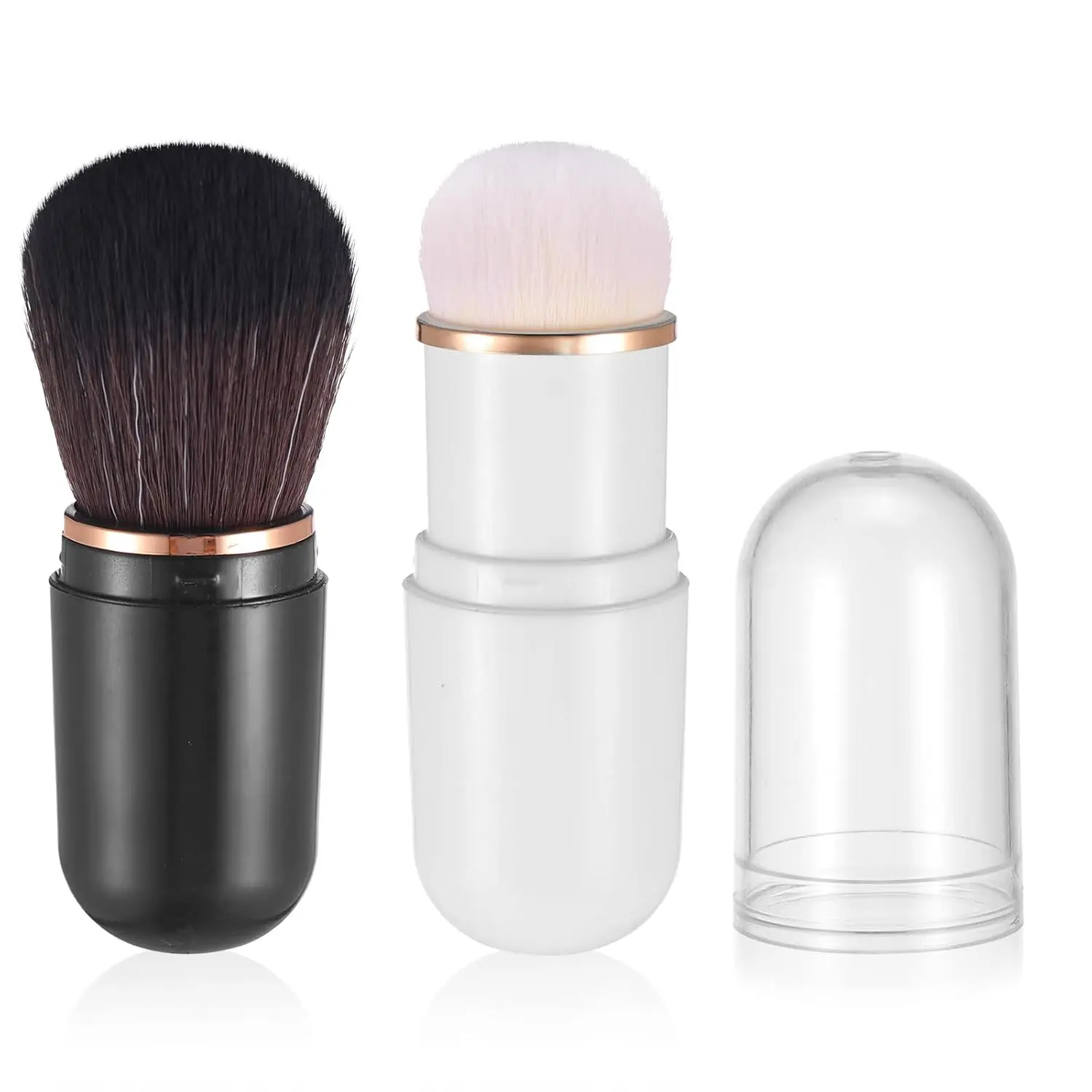 Retractable Kabuki Makeup Brushes, 2 Pcs Travel Makeup Brushes Blush Brushes Cute Powder Brush Foundation Brush for Liquid Foundation Pressed Powder Contouring Cream(Black+White)