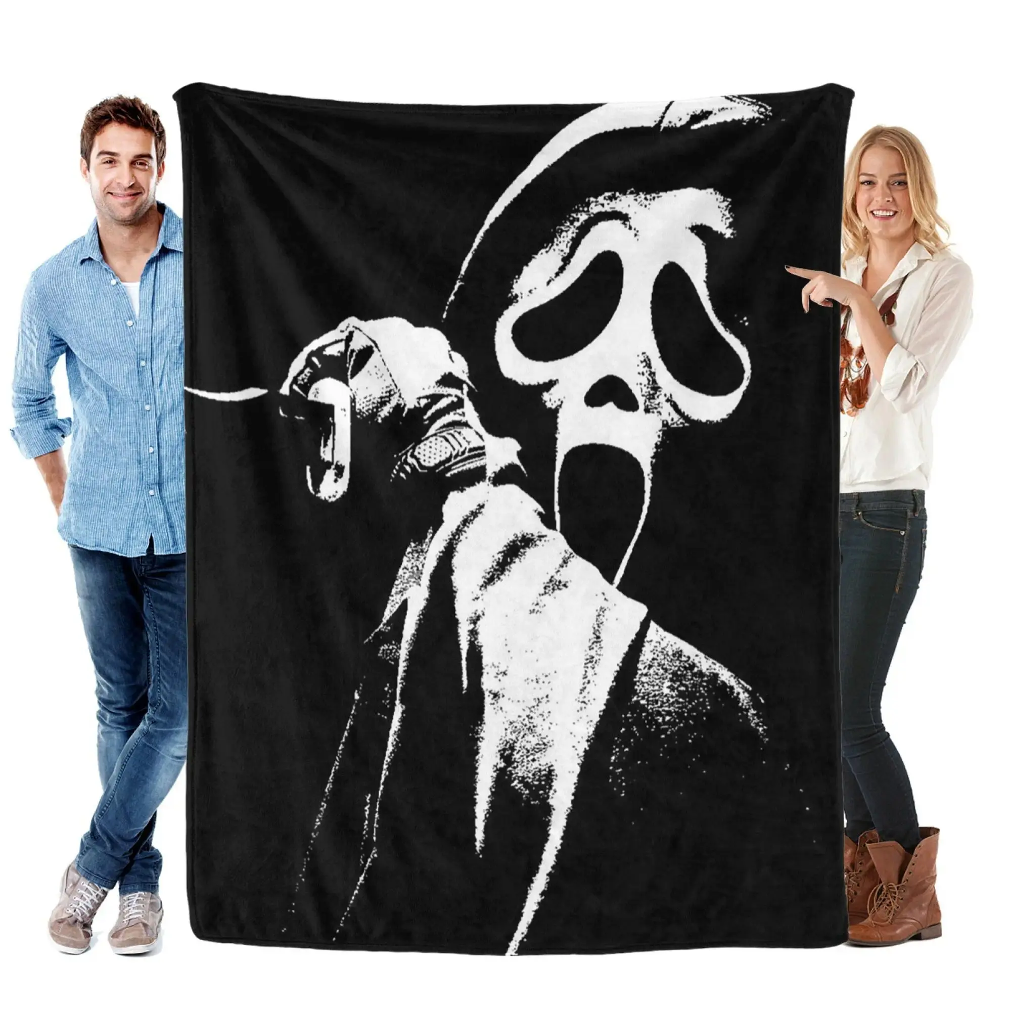 Scream Ghostface Monochrome Flannel Blanket - Soft Black and White Horror Throw for Bed, Cozy Edgy Halloween Decor, Nostalgic Gift for Scream Fans