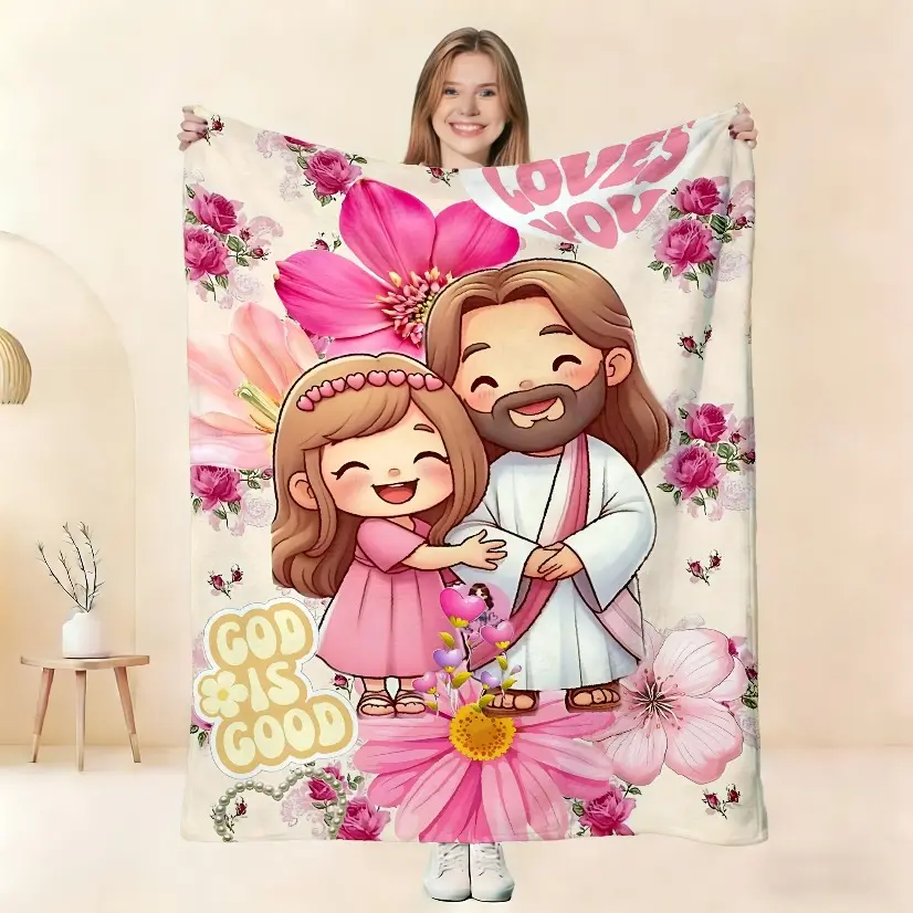 Cute Jesus Hugging Little Girl Flannel Blanket, Pink Floral "God Loves You" & "God Is Good" Throw, Soft Cozy Fleece Blanket, Baptism, First Communion, Birthday Gift for Christian Girls, Religious Nursery, Toddler Bed, Crib Blanket