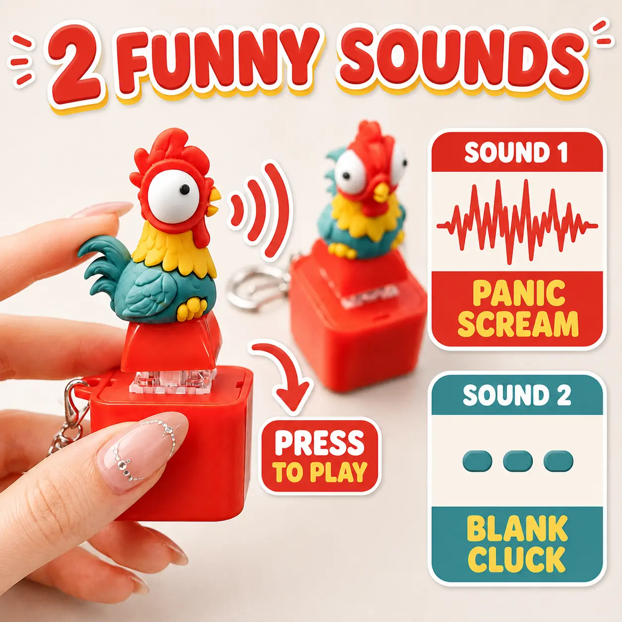 Press-to-Play Rooster Sound Keychain, Funny Chicken Novelty Gift for Adults, 1 Count