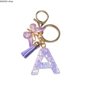 Resin Letter Keychain with Purple Butterfly, A-Z Initial Tassel Charm, Personalized Purse Accessory for Women, Unique Gifts