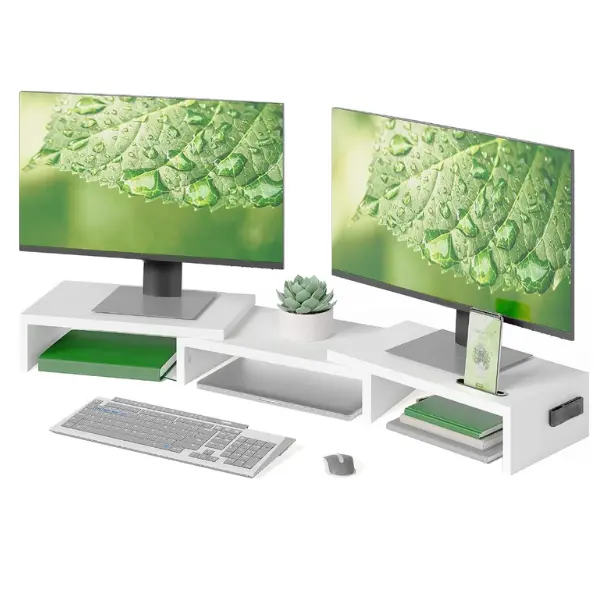 Wooden Dual Monitor Stand Riser with Smartphone Holder, Adjustable Length & Swivel Angle