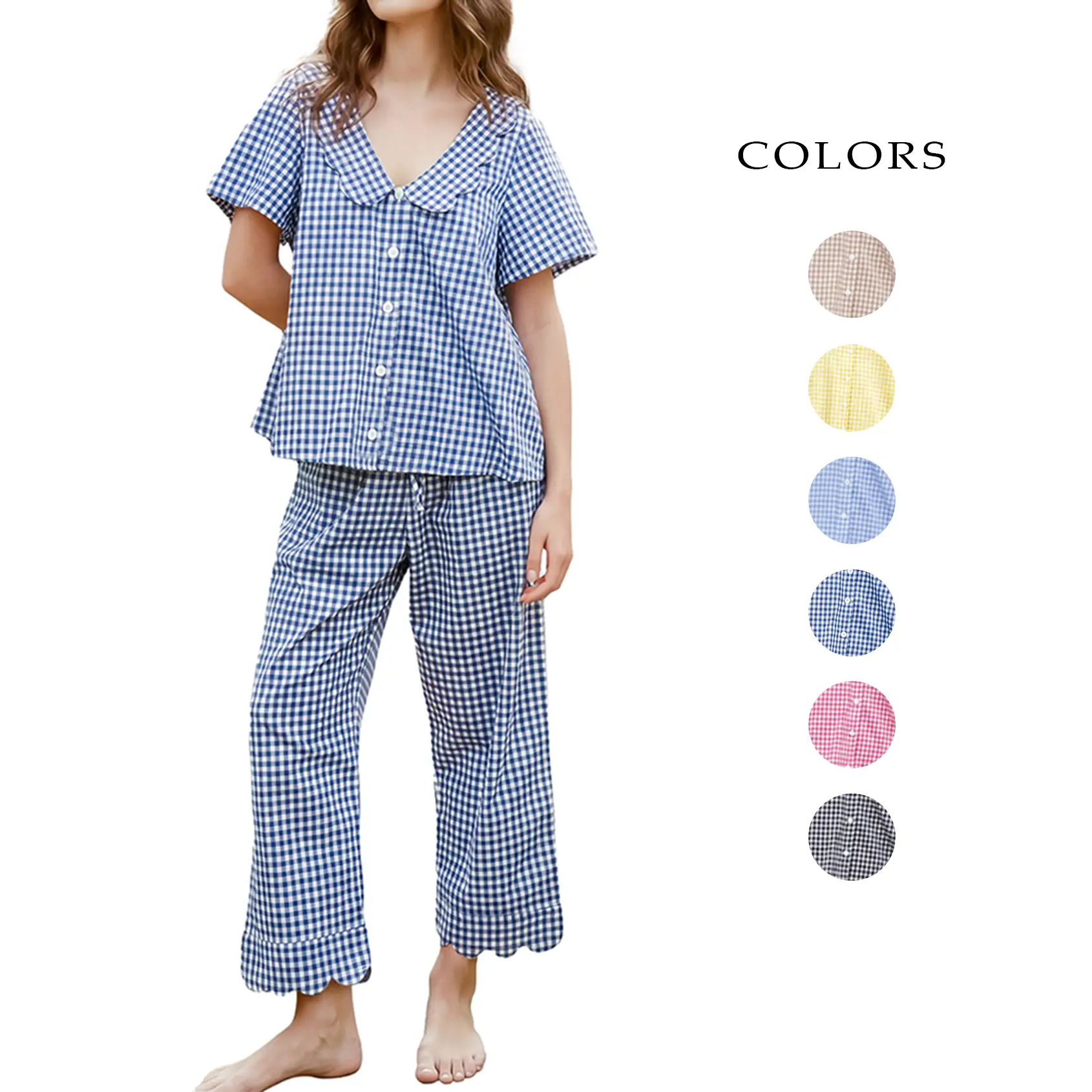 Yimoon Womens Gingham Pajamas Set 2 Piece Plaid Cotton Pjs Sets Peter Pan Collar Shirt Pants Cute Sleepwear