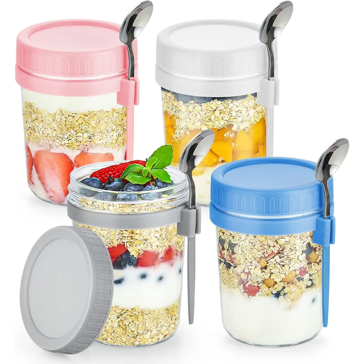 4-Pack 16 Oz Airtight Glass Mason Jar Canisters, Leak-Proof Overnight Oats Containers with Stainless-Steel Spoons and Lids, Kitchen Utensils for Meal Prep, Cereal, Canister