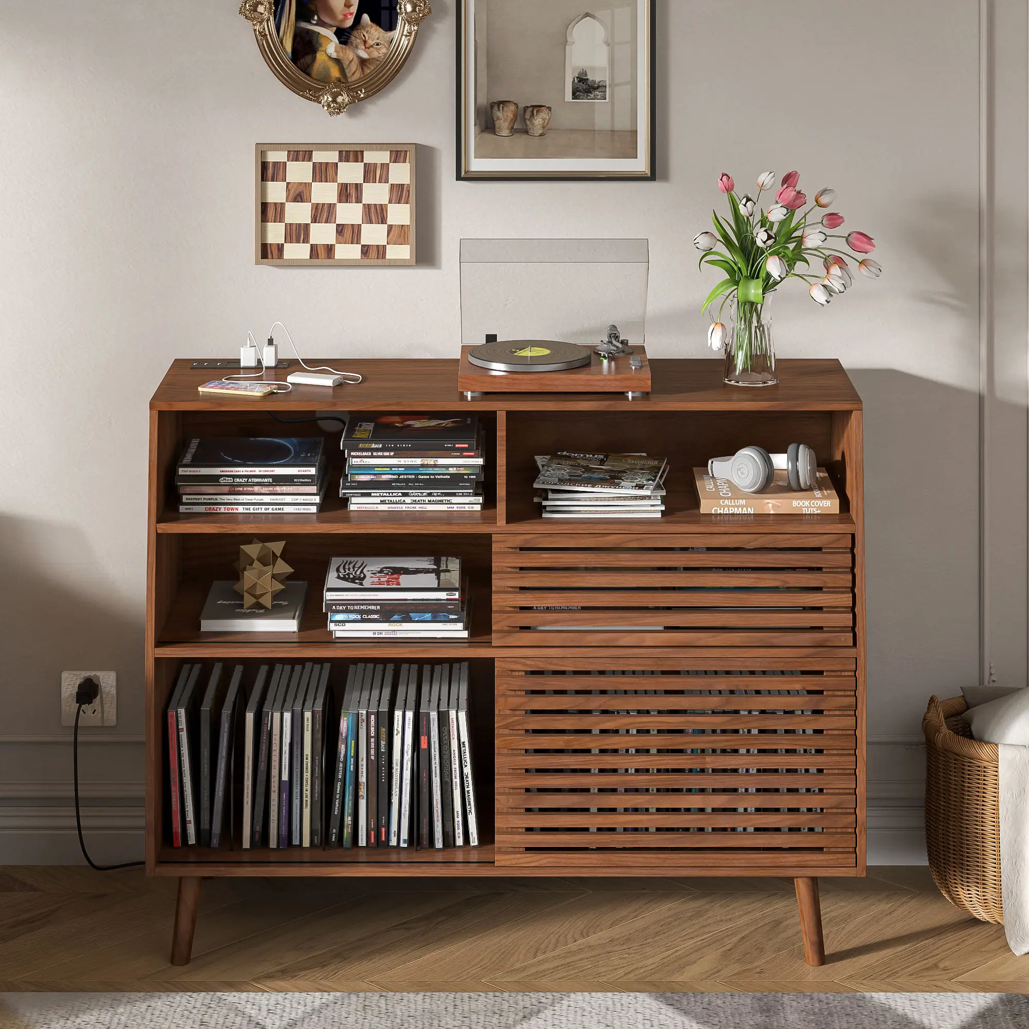 Mid-Century Wood Turntable Stand - Record Holder with 450 Album Slots, Charging Port, Legged Base, Door-Equipped Storage Cabinet, Display Shelf for Living Room Furniture Racks