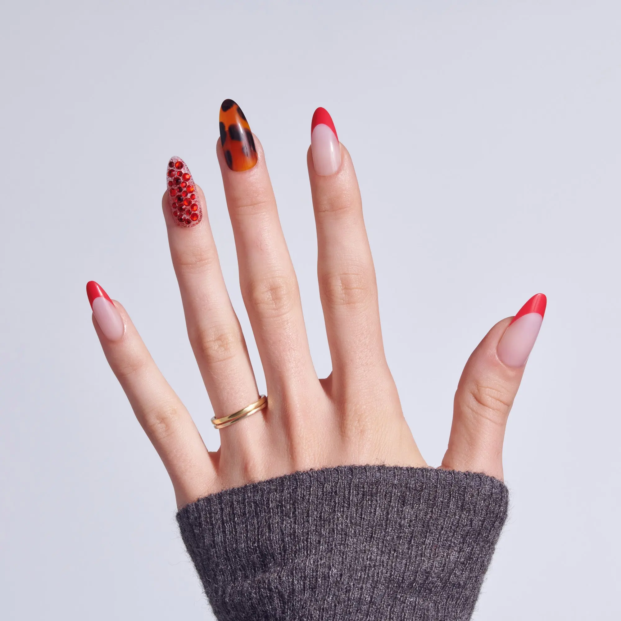 Kiss Luxe Press On Fake Glue Nails - Tidal Quest | 3D & Jewel French Design, Red & Brown, Long, Almond