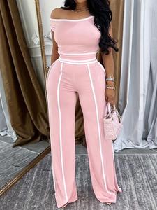 women's striped print pants & top set, elegant fashion casual fitted two-piece outfits for daily outdoor wear, ladies shortsleeve clothes for summer, matching set outfit, womenswear, outfit sets women