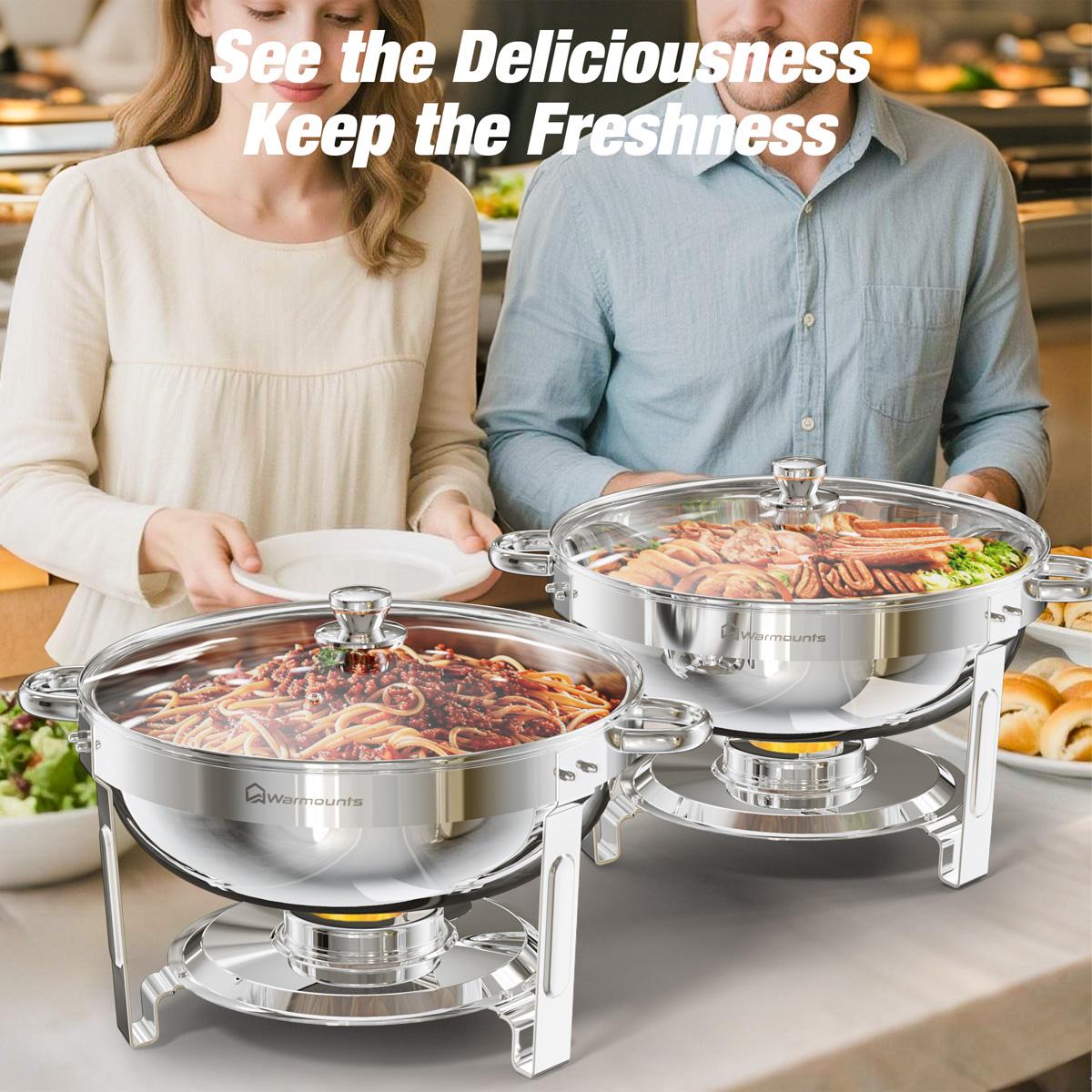 Chafing Dish Buffet Set 2 Pack, 5QT Round Chafing Dishes for Buffet with Glass Lid & Lid Holder, Stainless Steel Chafers and Buffet Warmers Sets for Parties, Events, Wedding, Camping, Dinner